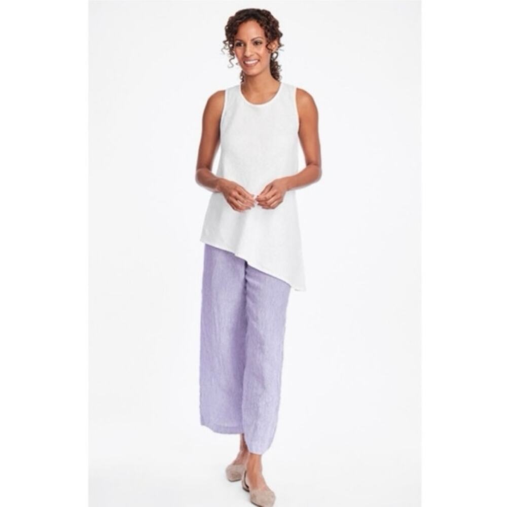 Flax Purple White Lagenlook 100% Linen Cropped Wide Leg Lilac Stria Pants Size M